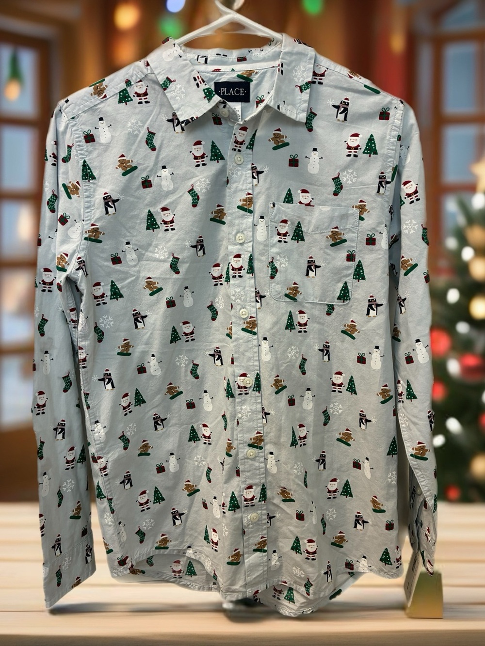 The Children's Place Light Gray Holiday Print Button-Up Shirt Boys Size 16 NWT